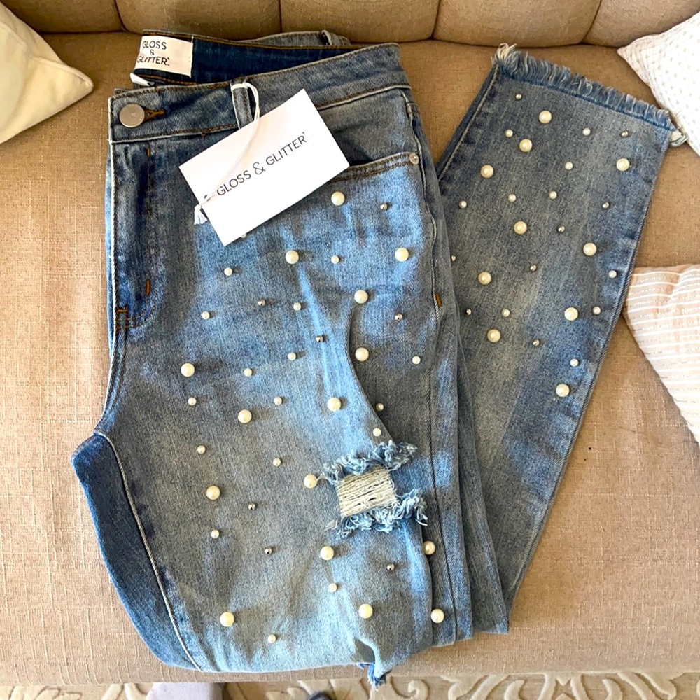 NWT- embellished pearls and silver ripped jeans